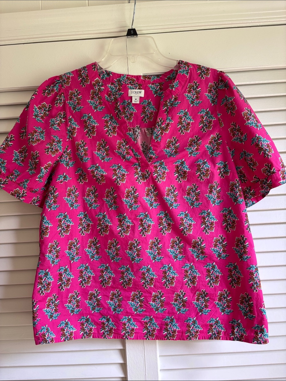 J.Crew Pink Floral Puff Sleeve Split Neck Cotton Top Size M